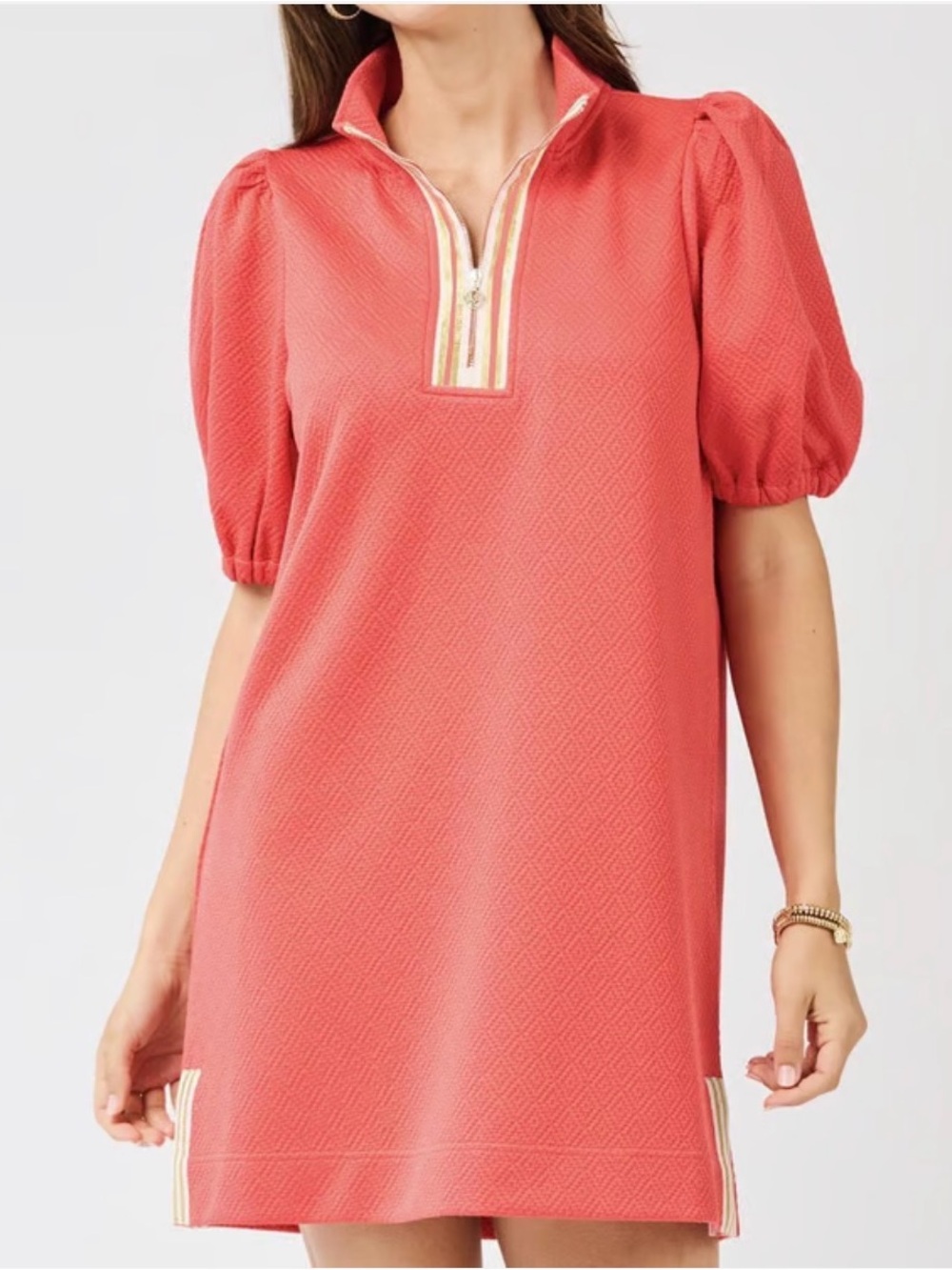 Coral Puff-Sleeve Zip Polo Midi Dress